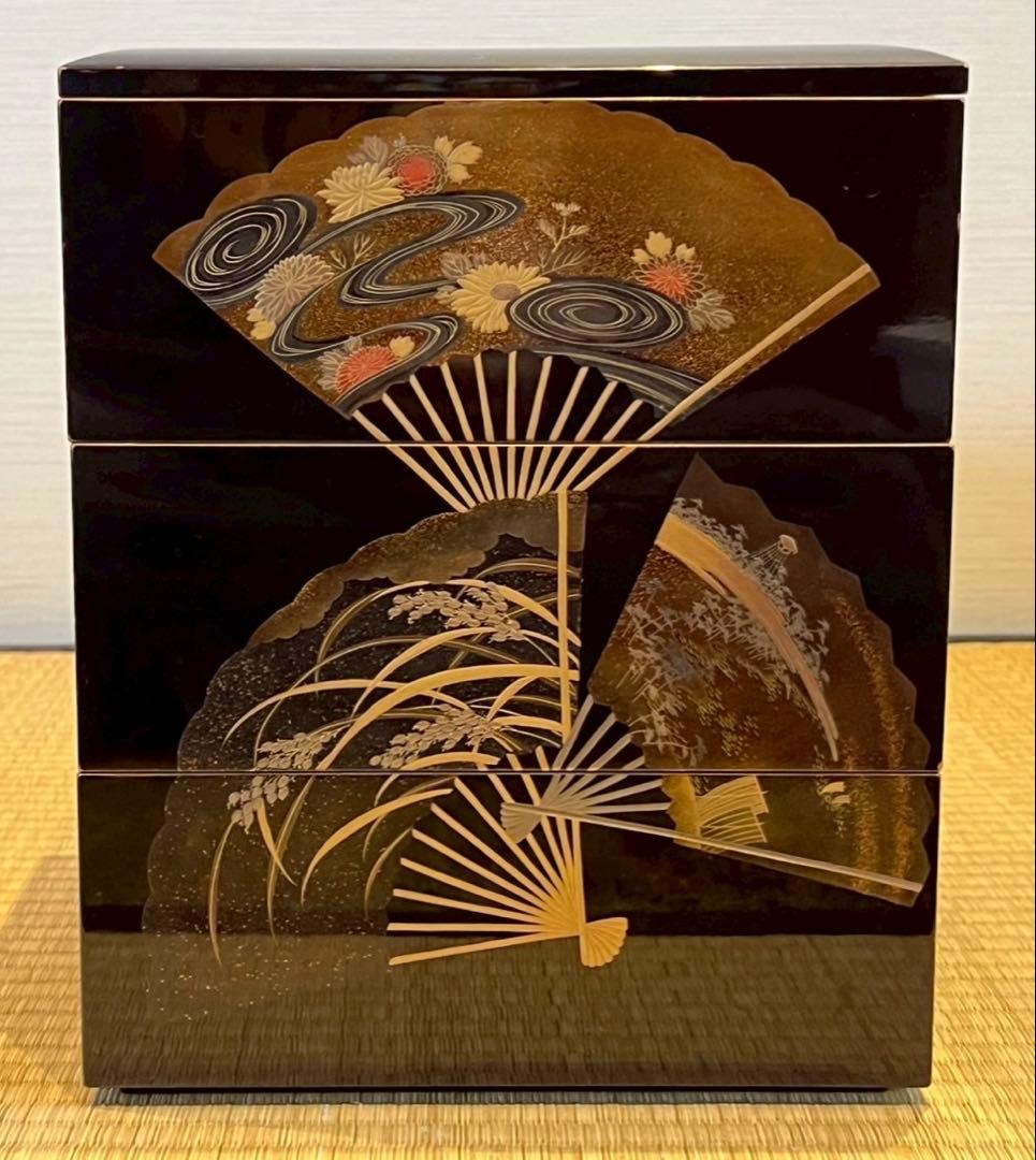 時代漆器 扇面金銀高蒔絵 三段重箱 / 加賀蒔絵 木製漆器 茶懐石道具