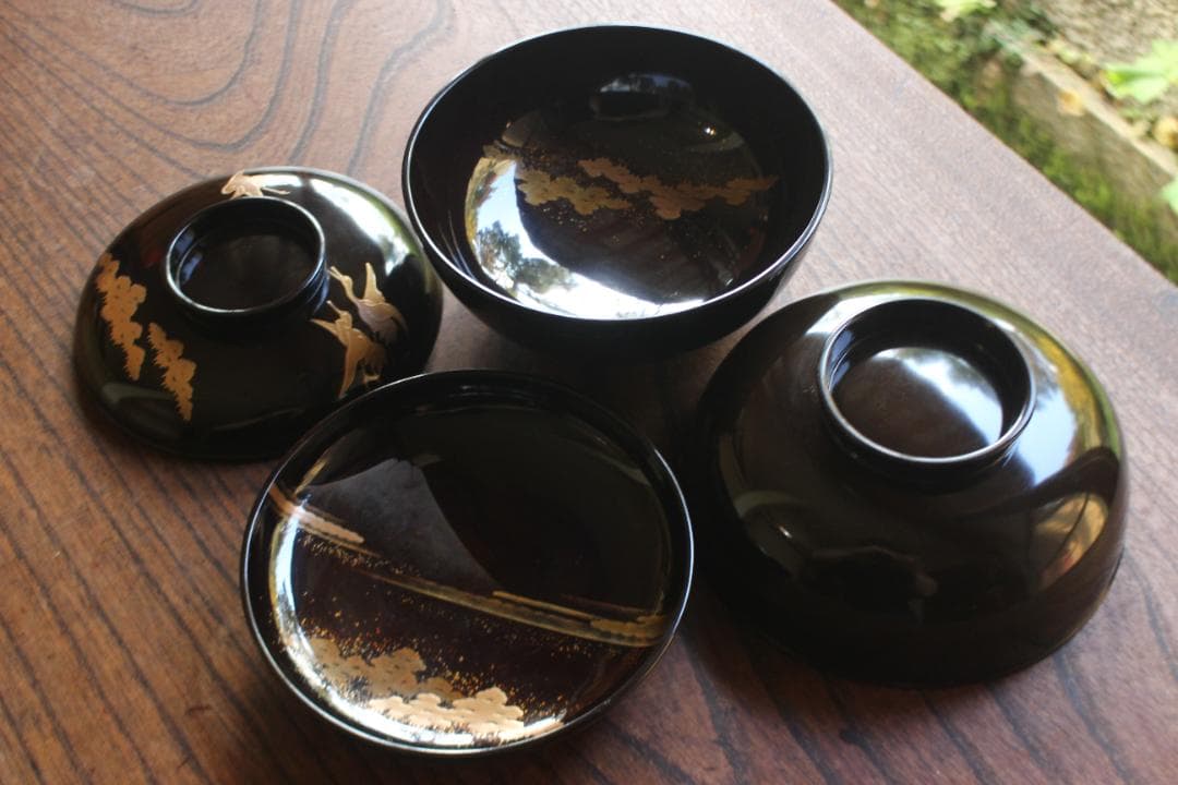 時代逸品！時代黒漆に優美な鶴遠山蒔絵の映える煮物椀2点（検蒔絵椀加賀蒔絵雑煮椀