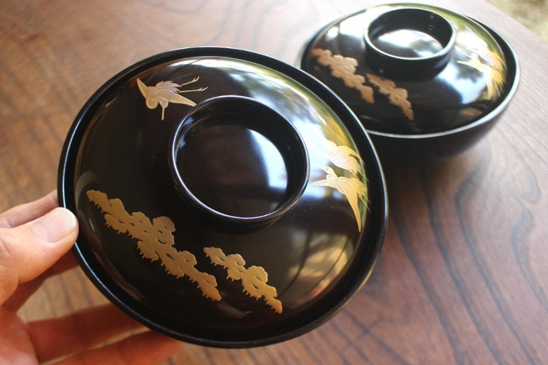 時代逸品！時代黒漆に優美な鶴遠山蒔絵の映える煮物椀2点（検蒔絵椀加賀蒔絵雑煮椀