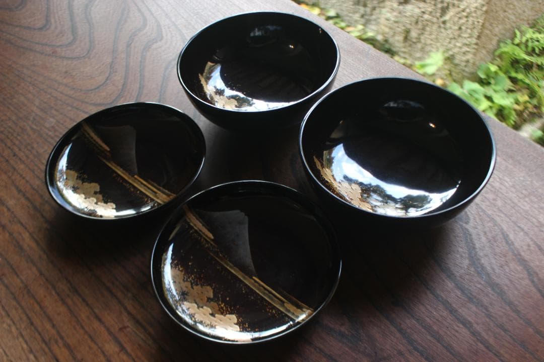 時代逸品！時代黒漆に優美な鶴遠山蒔絵の映える煮物椀2点（検蒔絵椀加賀蒔絵雑煮椀
