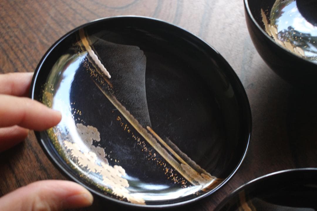 時代逸品！時代黒漆に優美な鶴遠山蒔絵の映える煮物椀2点（検蒔絵椀加賀蒔絵雑煮椀