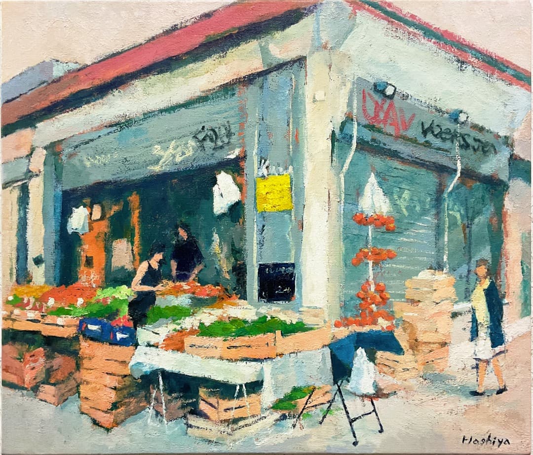 絵画427 油絵/街の風景/パリ/市場/F10号