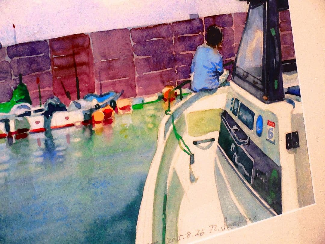 水彩画 港の風景 額装済み 原画 F6サイズ333