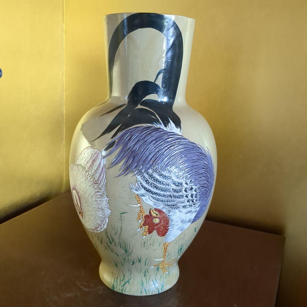 阿漕焼　大花瓶　鳥の図盛り絵