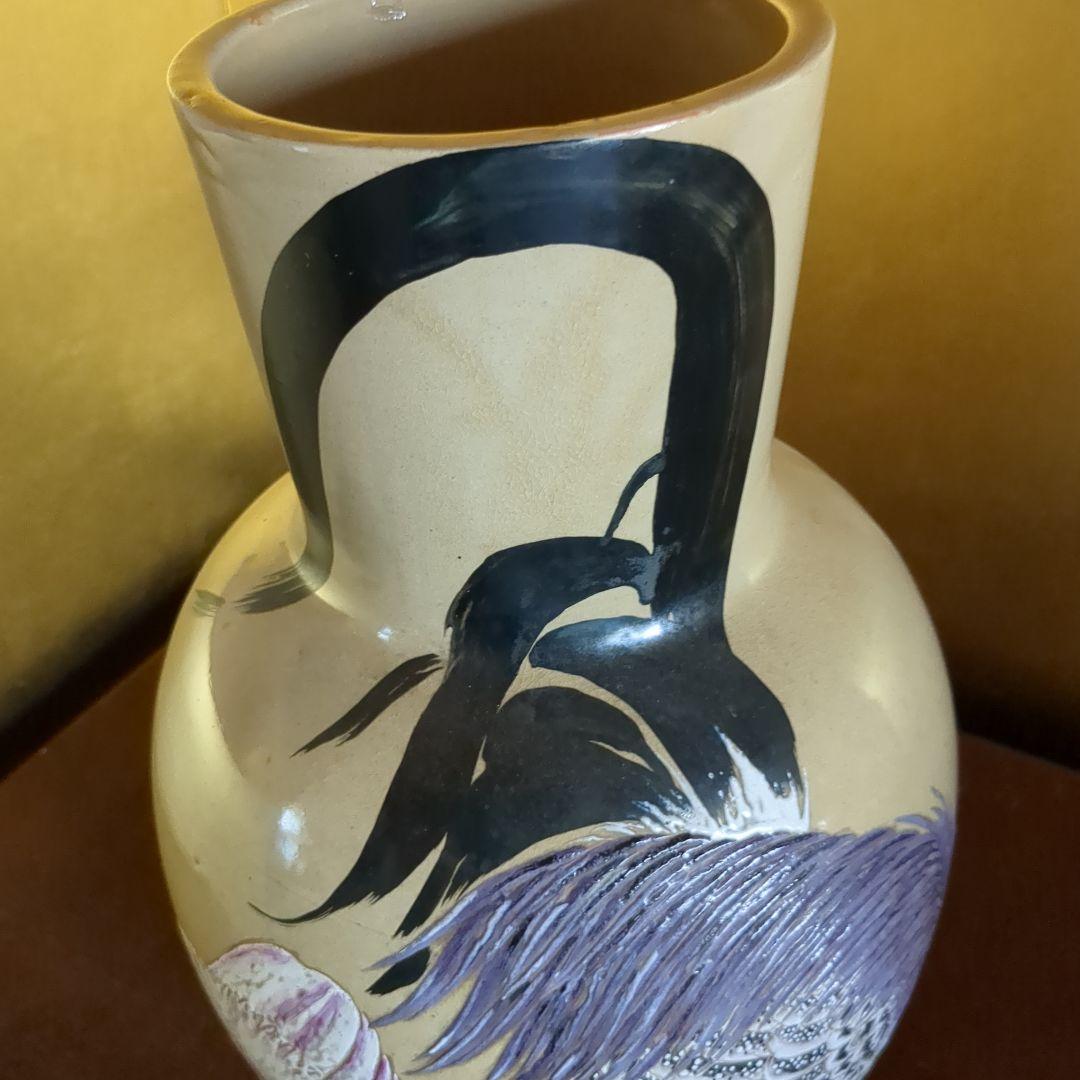 阿漕焼　大花瓶　鳥の図盛り絵