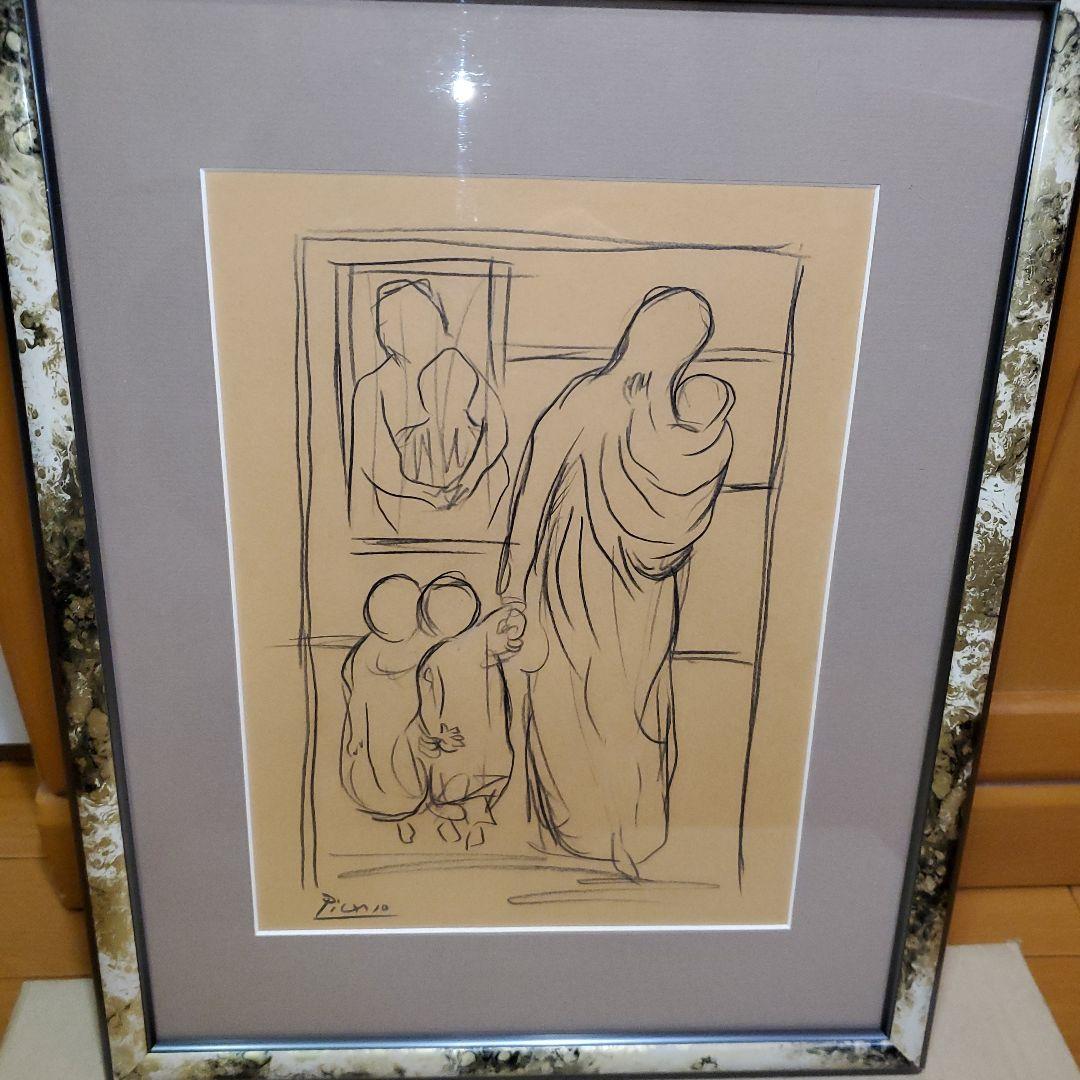 パブロピカソ 、鉛筆画 、母と子 サインあり、原画、デッサン、一点物