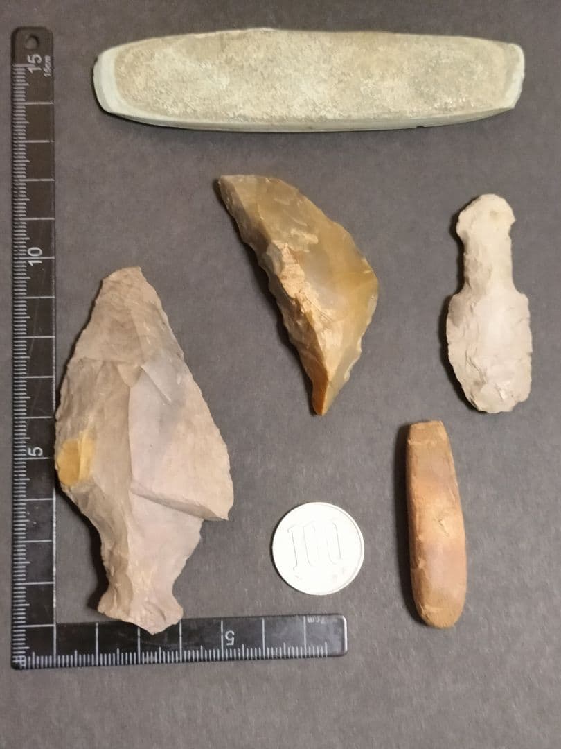 石器セット(出土品)激レア商品5点 石銛、石篦、石蚤、石包丁？船底型石器