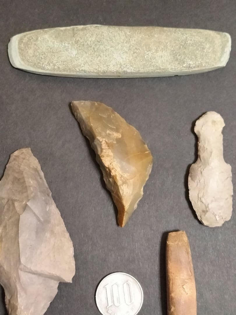 石器セット(出土品)激レア商品5点 石銛、石篦、石蚤、石包丁？船底型石器