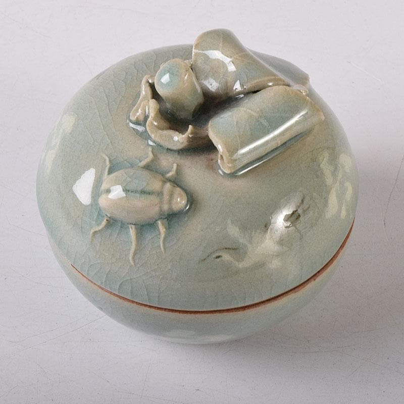 韓国人間文化財　柳海剛(柳根瀅)作　高麗青磁　蜜柑型　香合　C　7610