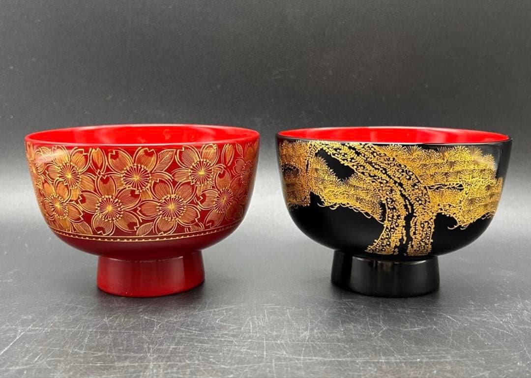 【希少品】沈金　川連漆器　お椀　大関 廣　雅号・廣道　桜　松　赤　黒　名入り