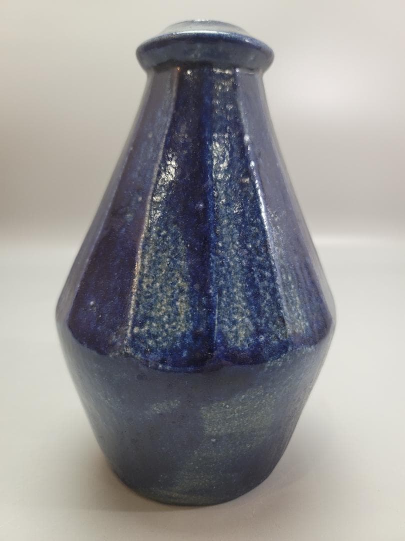 浜田晋作 作 藍釉面取 花瓶 共箱 DT544