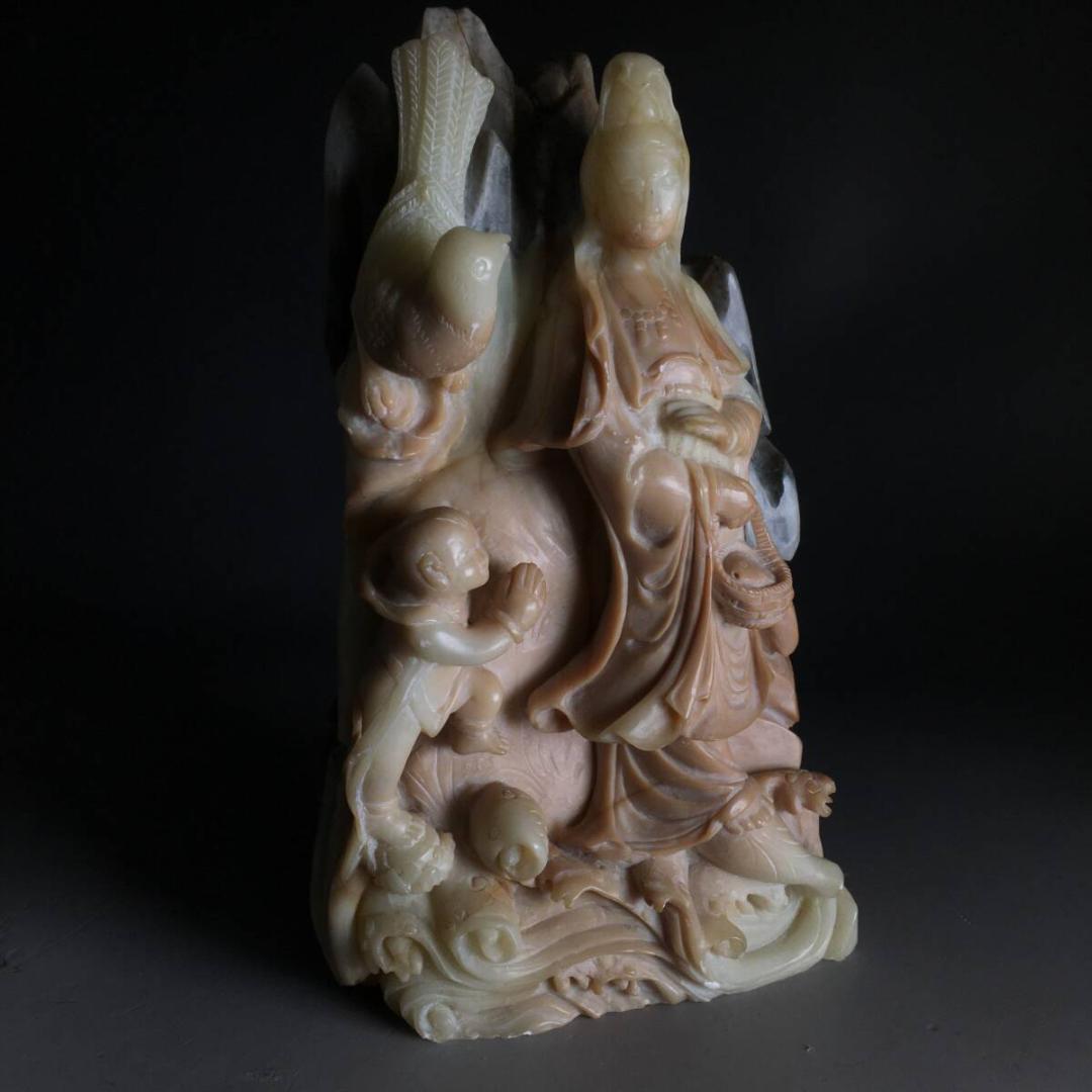中国美術 唐物 寿山石 観音菩薩立像 童子 鳥 置物 約1.3kg