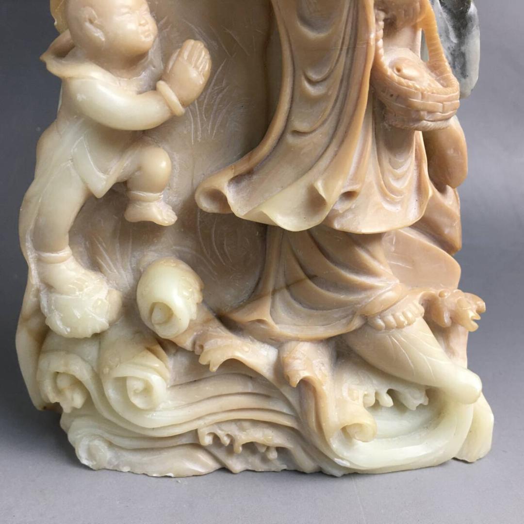 中国美術 唐物 寿山石 観音菩薩立像 童子 鳥 置物 約1.3kg