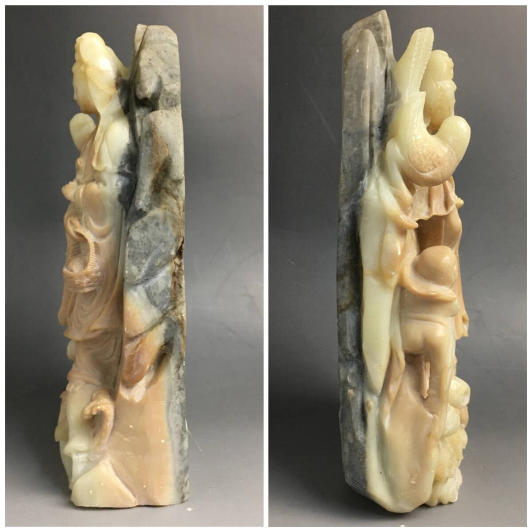 中国美術 唐物 寿山石 観音菩薩立像 童子 鳥 置物 約1.3kg