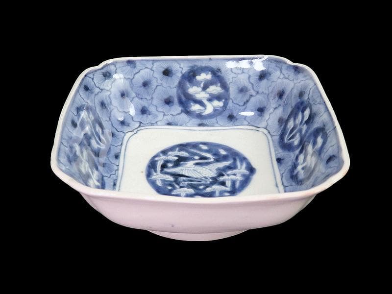 古伊万里　染付　撫子繋ぎ　丸紋に松と鶴の図 四方皿　５客　A055AS-CXs