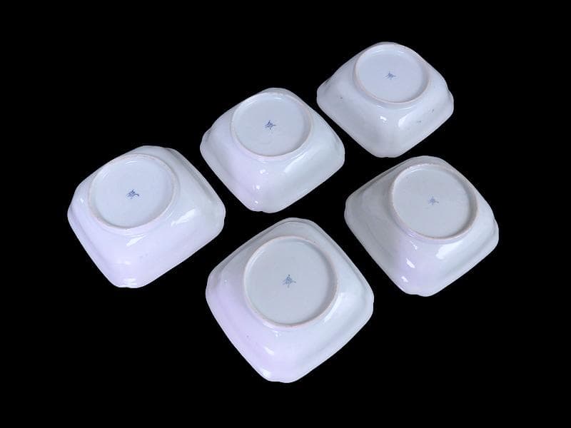 古伊万里　染付　撫子繋ぎ　丸紋に松と鶴の図 四方皿　５客　A055AS-CXs