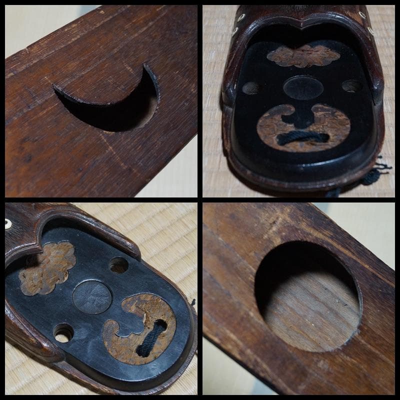 茶道具 江戸期 大型古材短冊掛 古裂装飾 裏透かし彫り『日月』★時代物★希少品