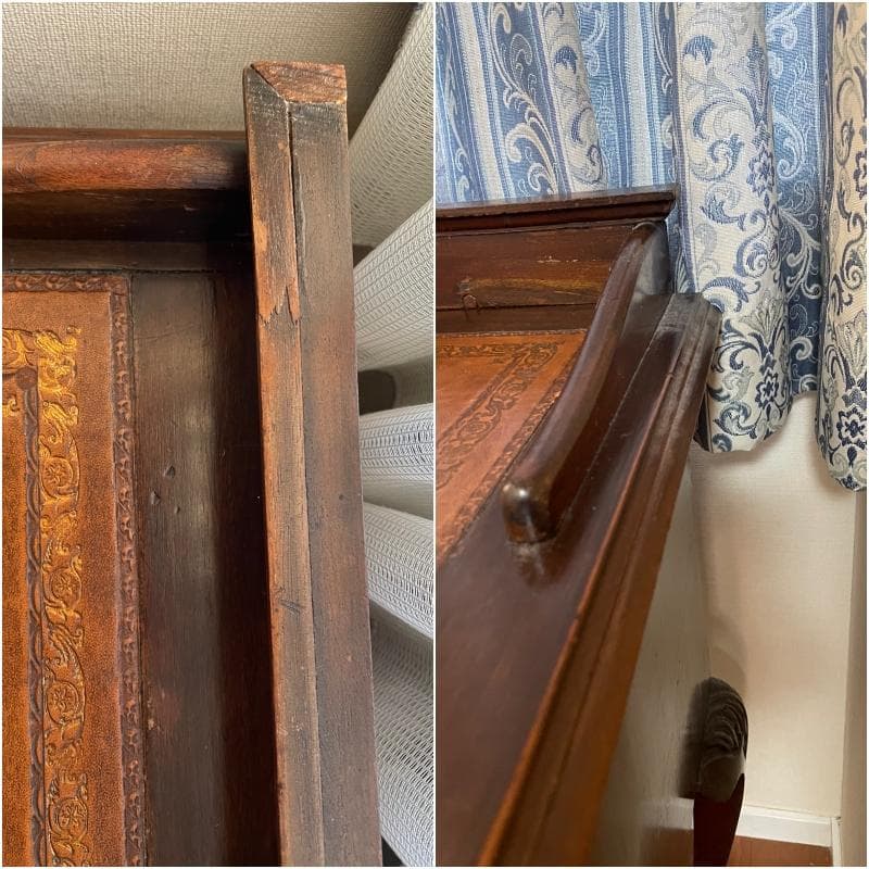 【横浜市引き取り限定です】アンティーク文机 引き出し付き 彫刻入 革デスクトップ