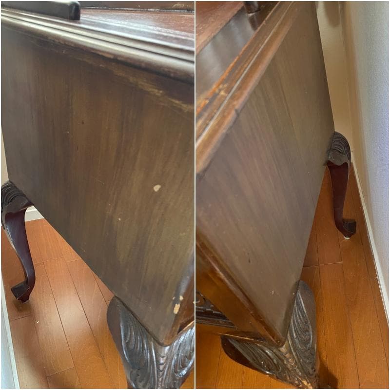 【横浜市引き取り限定です】アンティーク文机 引き出し付き 彫刻入 革デスクトップ