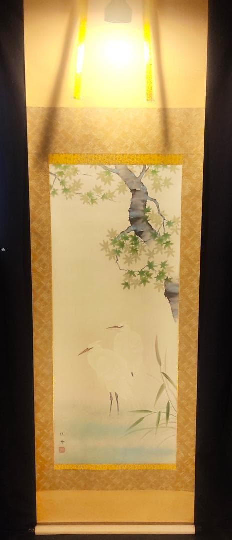掛け軸　四季花鳥　夏　楓に白鷺　長江桂舟　花鳥画　日本画　絵画