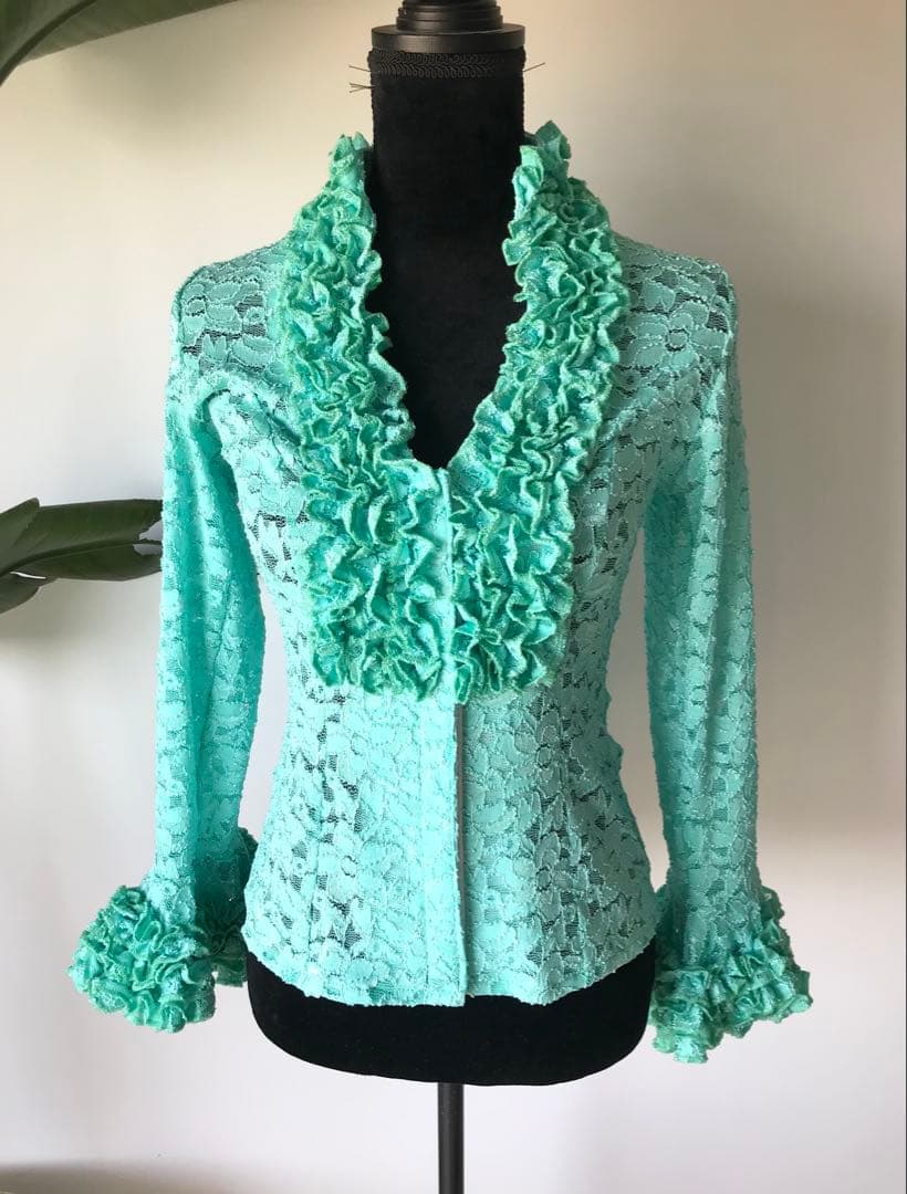 フラメンコ 総レース ブラウス エメラルドグリーン Mサイズ フリル付き