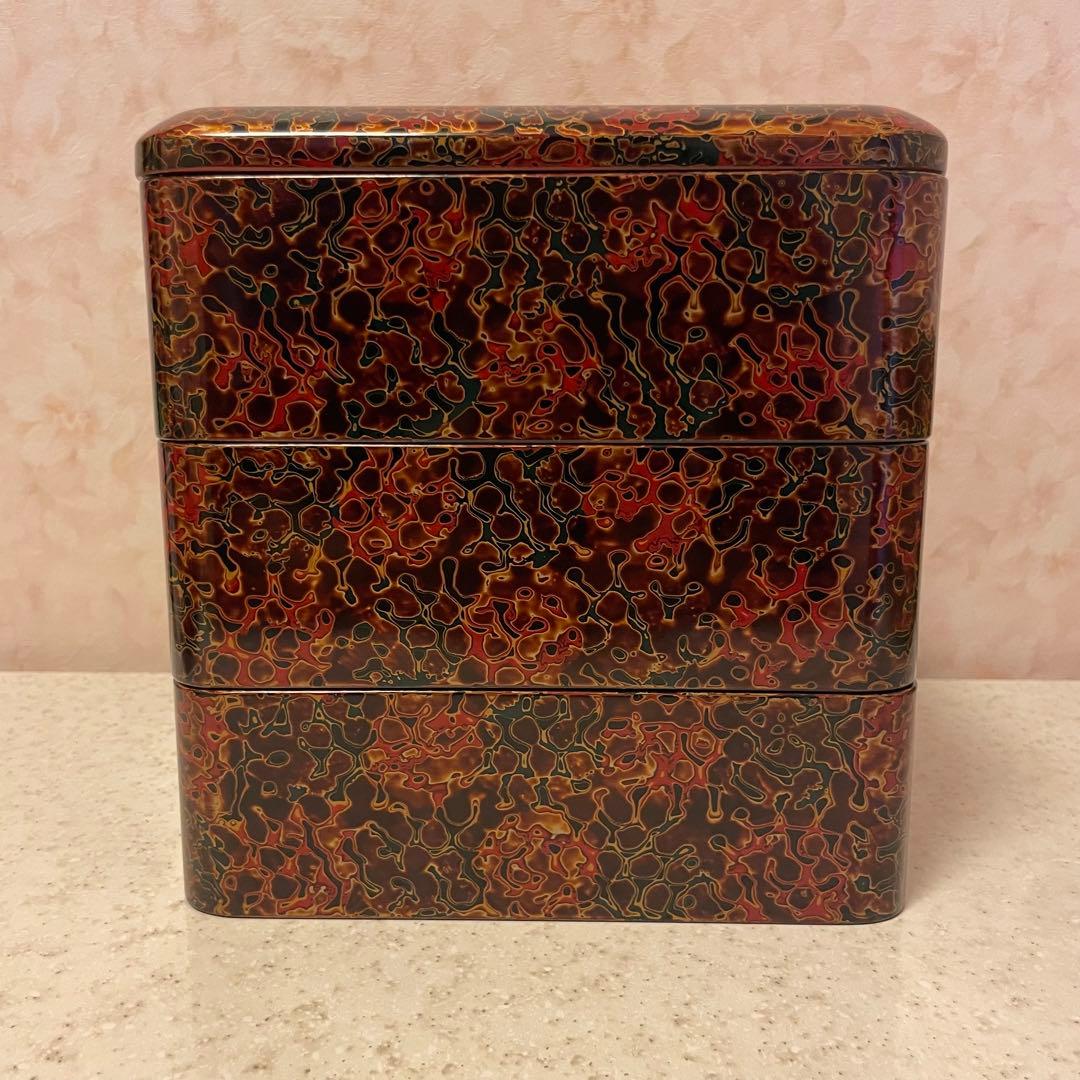 【未使用品】津軽塗 三段重 青森 唐塗 箱付 おせち お重