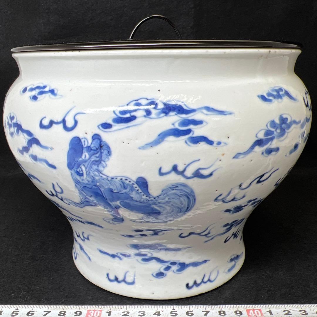 中国清時代　新渡青花雲龍図　水指　木箱付直径20㎝　トサエ東な7-1011☆2F