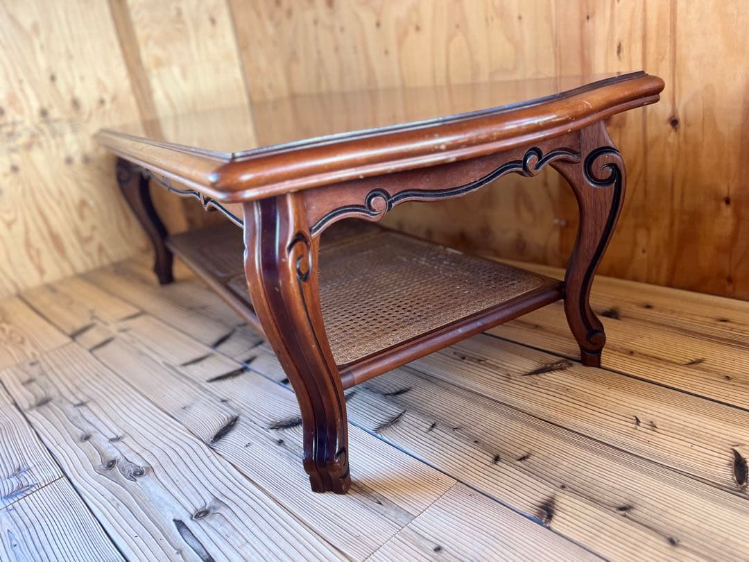 古いローテーブル木製座卓 籐収納棚付きアンティークヴィンテージレトロ