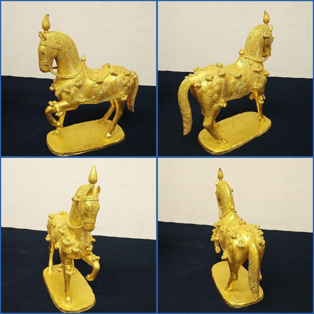 AE54 彫刻家 冨永直樹【富貴】鋳銅製 本金箔張り 馬 置物 共箱 略歴書付