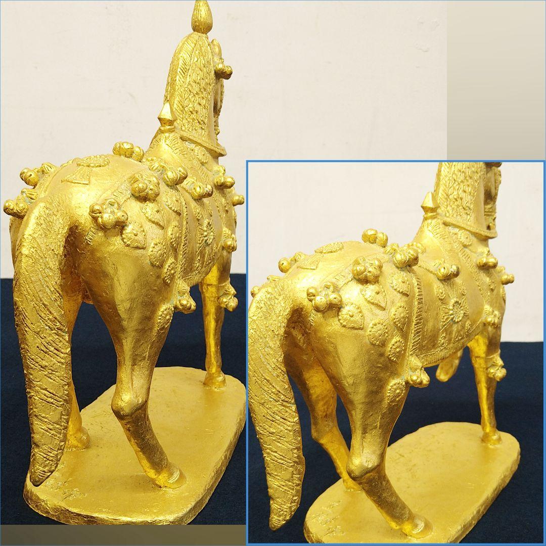 AE54 彫刻家 冨永直樹【富貴】鋳銅製 本金箔張り 馬 置物 共箱 略歴書付