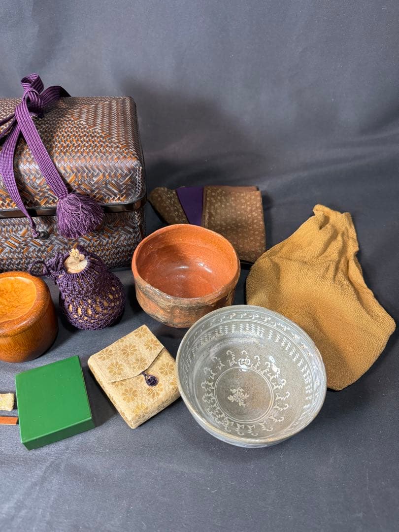 E830 送料無料　御所籠　茶道具セット　茶道具　茶室　茶碗　仕覆　棗　茶筅