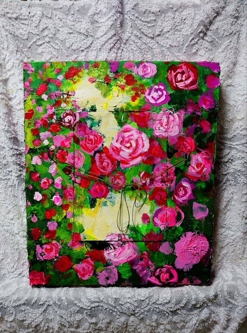 油絵 絵画【猫とピンク薔薇】