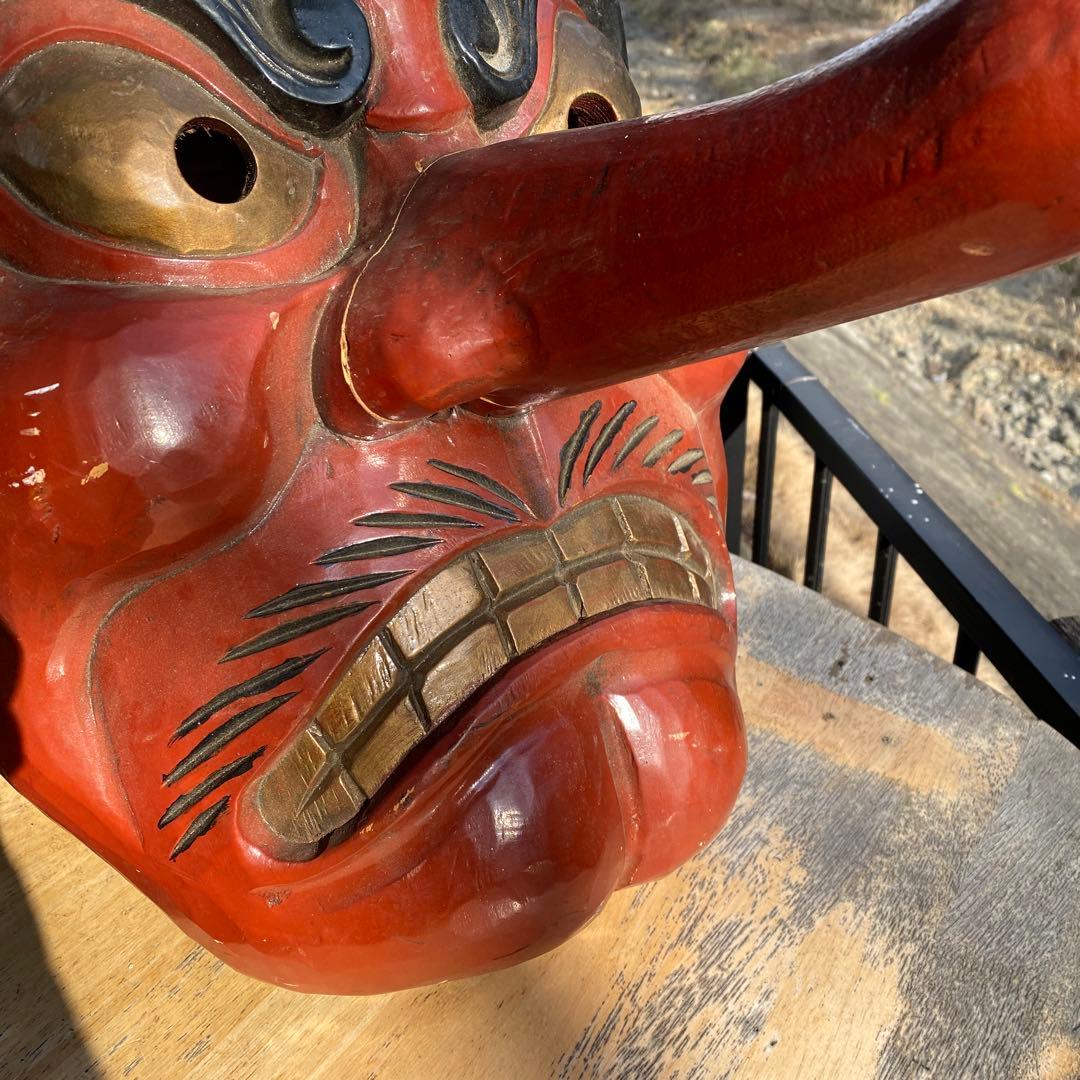 特大　木彫　天狗面　壁掛け　インテリア　横35x奥行34x縦48cm