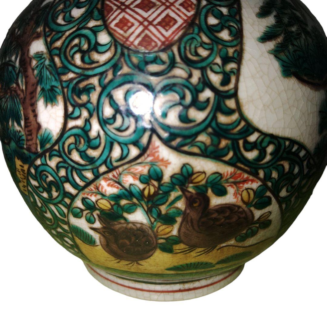 青手九谷焼　山水楼閣文瓢箪徳利　一輪差し　高さ28.5cm位