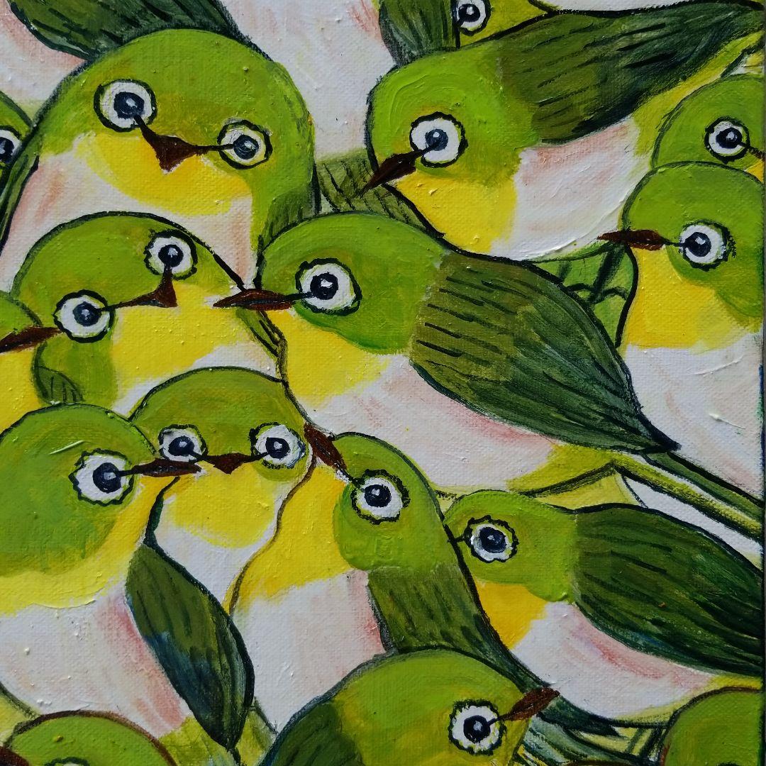 油絵　Alles Gute　仲良く集まるくちばしの小さな鳥たち　2