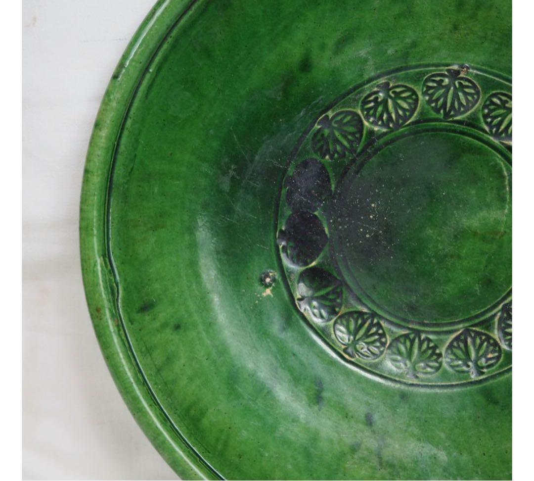 送料無料　江戸時代 源内焼　緑釉葵紋皿　径21cm