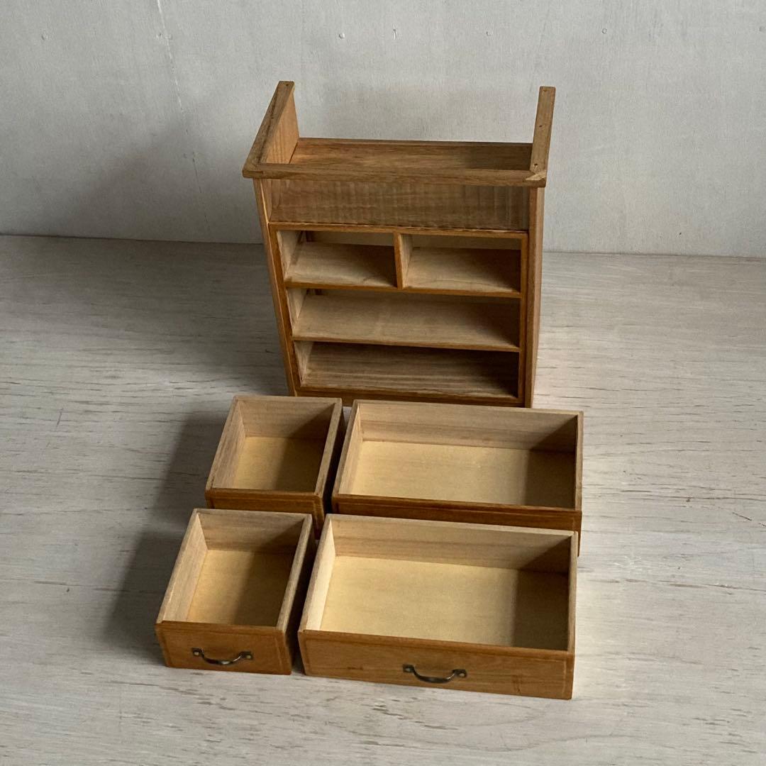 古い木製 4杯 小引き出し 小物入れ モールガラス