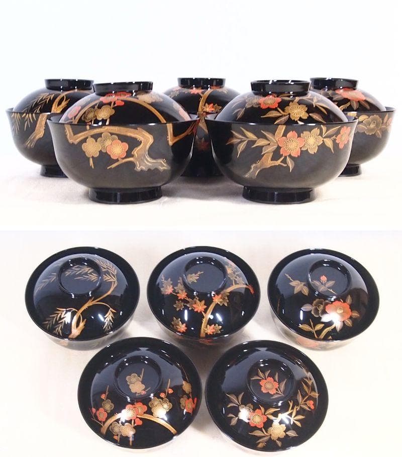 【極美品】輪島塗 名月絵変わり蒔絵 吸物椀5客 信斎/松斎 汁椀/お椀 漆器食器