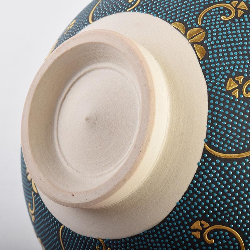 九谷焼　錦玉窯　中田錦玉造　渦打青粒唐草　細字和歌文　茶碗　共箱　F　R7709