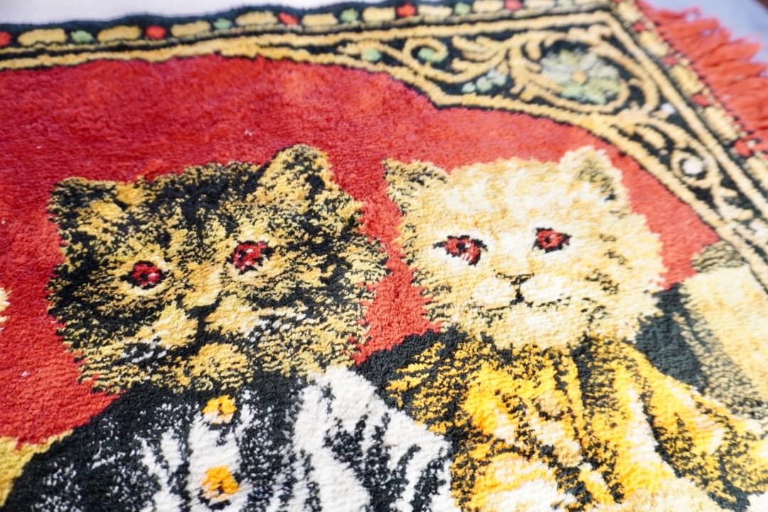 フランス ヴィンテージ 6匹の猫のタペストリー ラグ