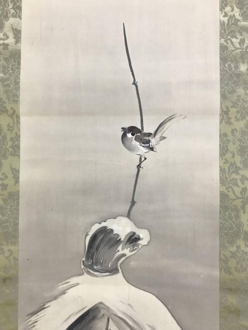 【真作】良弘/寒牡丹に雀図/牡丹図/花図/掛軸/名家伝来/AD-692