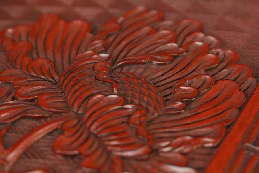 象堂山人造 讃岐彫 讃岐堆朱 牡丹紋 文箱 共箱 旧家蔵出