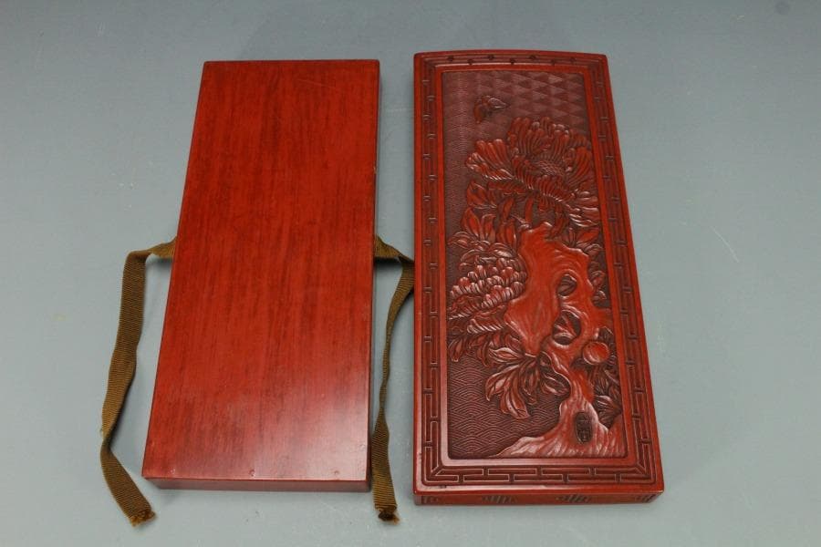 象堂山人造 讃岐彫 讃岐堆朱 牡丹紋 文箱 共箱 旧家蔵出