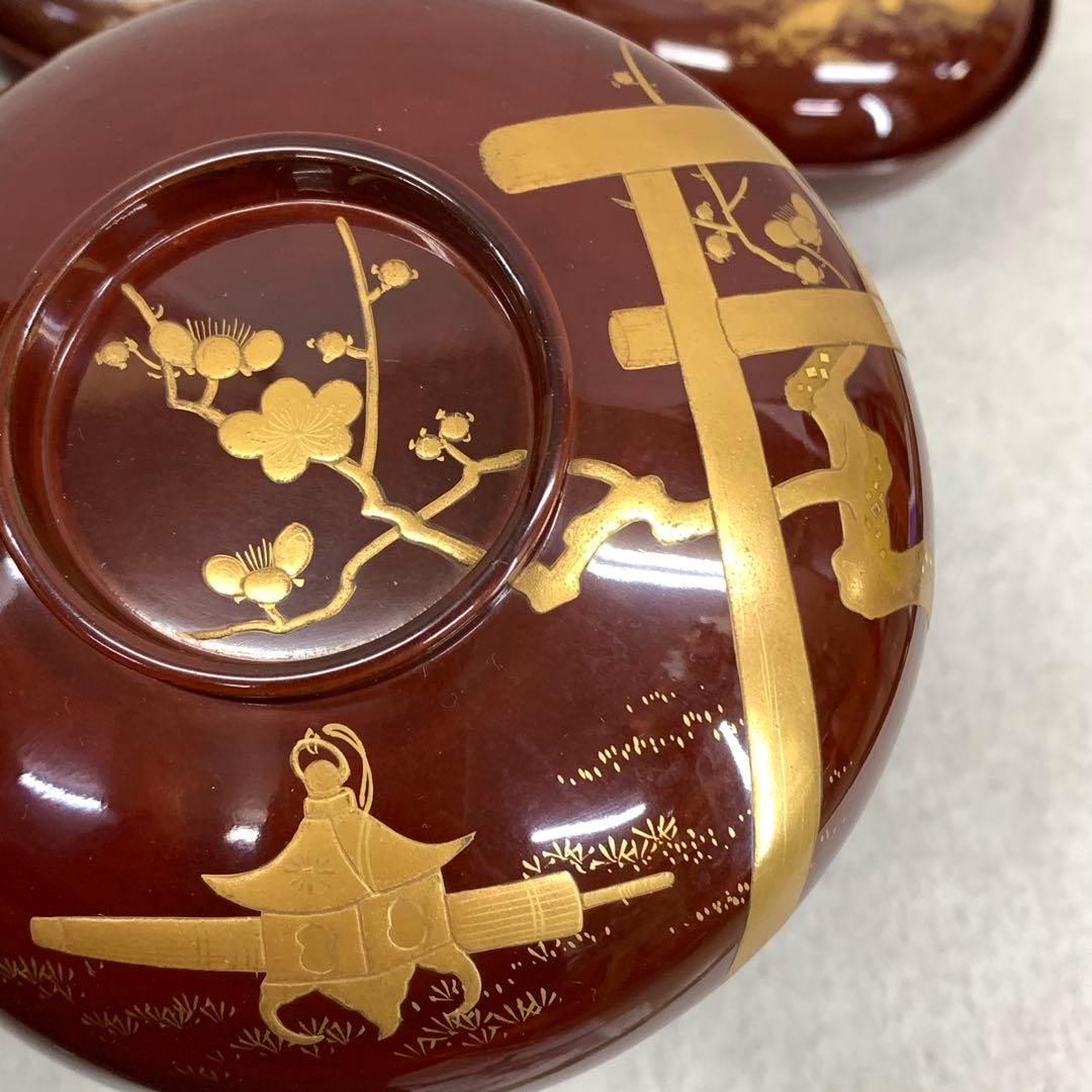 吸物椀 5客 絵変わり 塗り 溜絵 正月 賀正 金彩 汁椀 雑 C