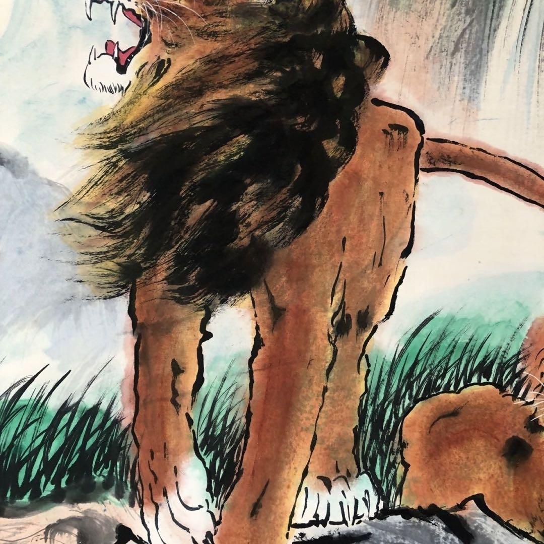 中国画 掛け軸 中堂 猛獣 図 手描き 水墨 彩色 中国美術 インテリア