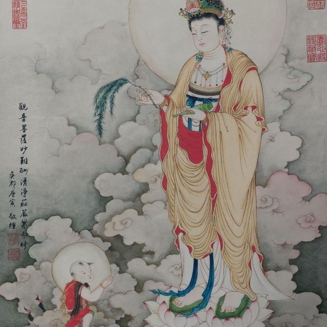 唐寅 観音像 掛け軸 中堂 仏画 中国画 表装済 サイズ：70×173cm