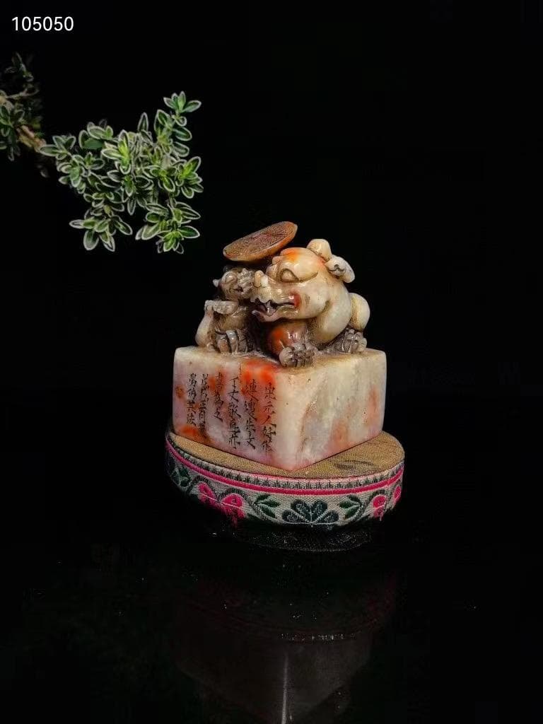 中国古美術・瑞獣賜宝印鑑・純手彫り・寿山石極品紅花凍芙蓉の印鑑・置物・文房具・