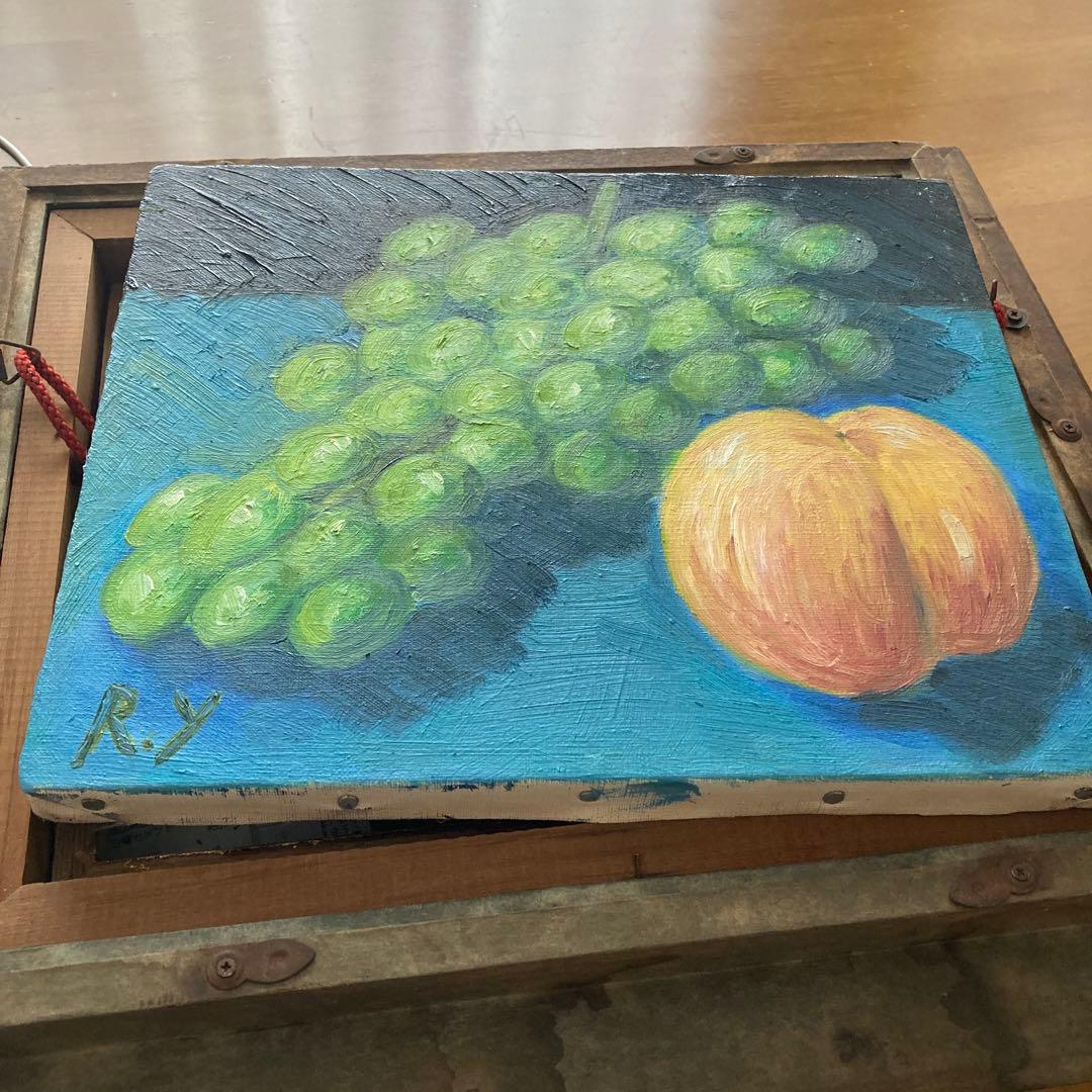 フルーツ 果物 油彩画 油絵　ガラス入額 アンティーク　骨董