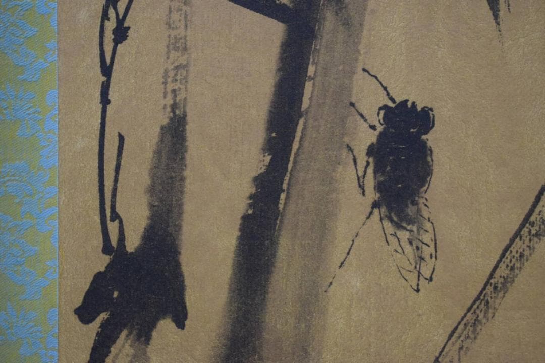 複製/作者不詳/セミに竹図/工芸/布袋屋掛軸HI-49