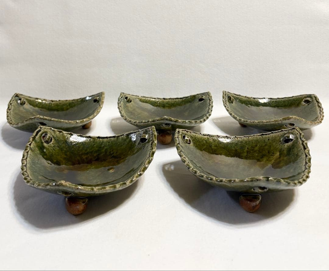 織部釉 三角 向付 五客 盛皿 刺身皿 三足 高台付 脚付 作家物 懐石料理